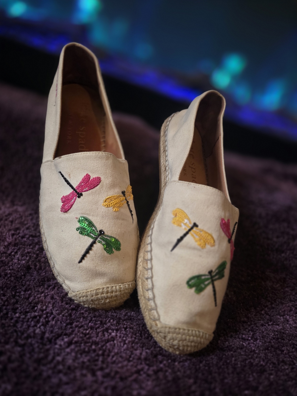 Katkate spade Neutral Espadrilles with Pink, Yellow & Green Dragonfly Embroidery